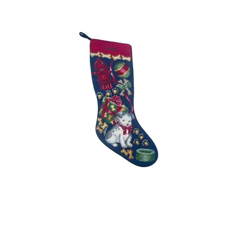 Lands' End Needlepoint Christmas Stocking Dogs Pet Wool Monogram Fast Shipping